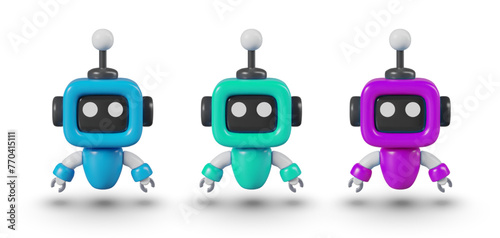 Set of mini robots of different colors. Isolated small droids on white background
