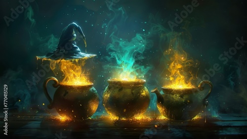 Witches brewing coffee, cauldron mugs, spellbound morning