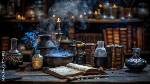 Wizards brewing magical potions, spell books and bubbling cauldrons, mystical lab