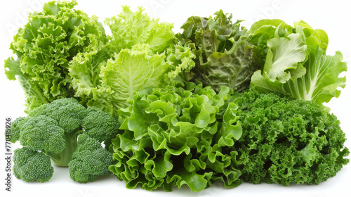 A bunch of green vegetables including broccoli, lettuce, and kale. Concept of freshness and healthiness