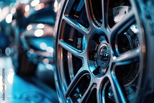Close-up view of a car wheel with reflective rim showcasing intricate design details.