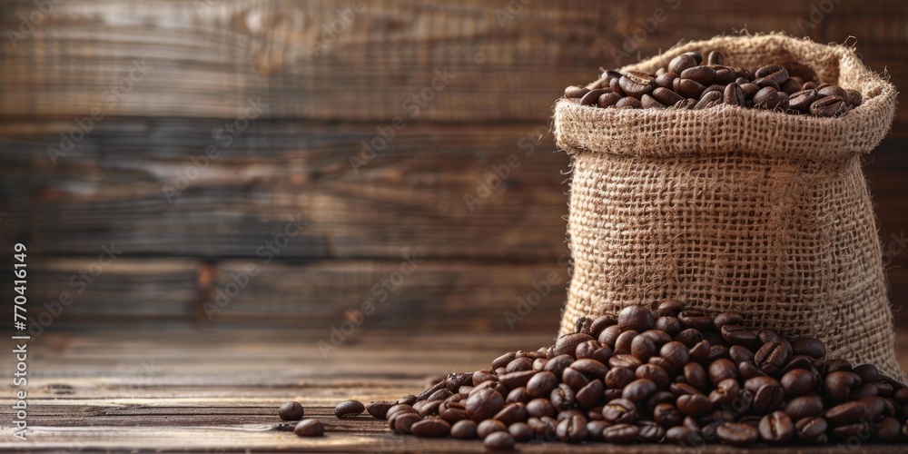 jute bag with coffee beans on wooden background concept banner - obrazy, fototapety, plakaty 