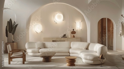 a living room with a Curved white leather sofa  chairs and two circular wall lights  wooden furniture  in the style of minimalist line art  minimalist sculptor  