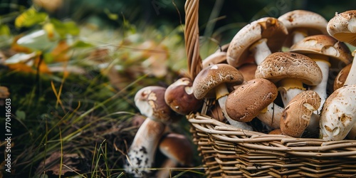 A basket brimming with wild mushrooms in a lush forest setting.