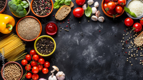 A table with a variety of food items including tomatoes, mushrooms, and pasta. The table is set up for a meal or a gathering