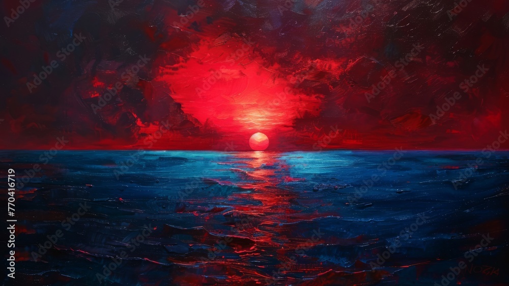 Blue ocean dawn breaking over a red ocean night - obrazy, fototapety, plakaty 