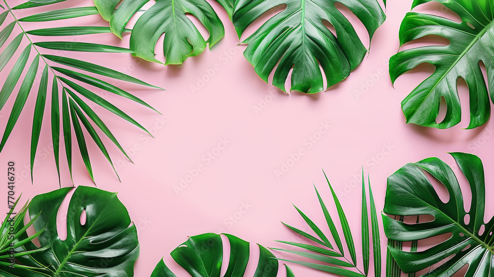 A close up of a leafy green plant with a pink background. The leaves are large and spread out, creating a sense of depth and movement. The pink background adds a pop of color and contrast to the image - obrazy, fototapety, plakaty 