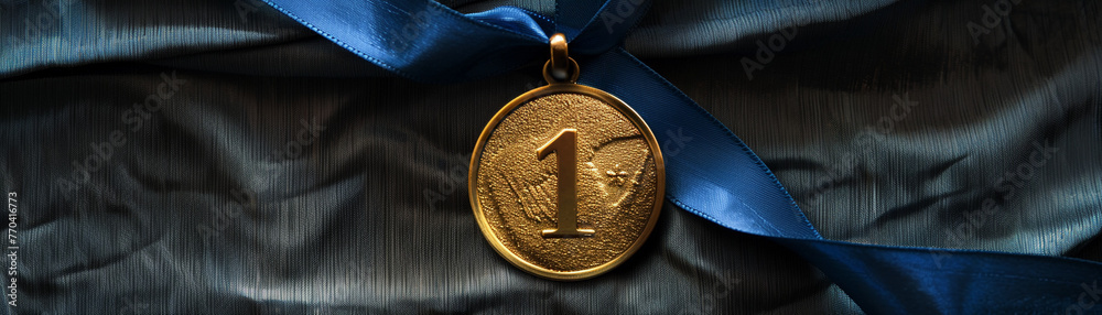 The number one on a gold medal, draped by a blue ribbon, stands as a beacon of victory and unparalleled achievement. - obrazy, fototapety, plakaty 