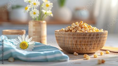 A bowl of nuts sits on a table next to a vase of flowers. The bowl is filled with almonds and cashews  and the flowers are yellow and white. The scene is simple and peaceful  with the bowl