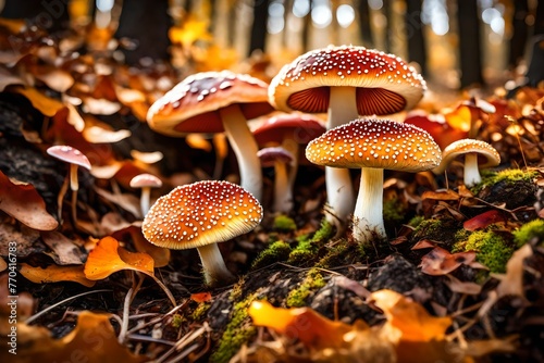 A breathtaking closeup of , vibrant mushrooms thriving on the forest floor during the autumn season.