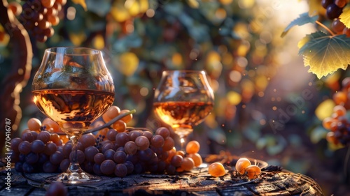 Brandy snifters by grape harvest 3D depiction