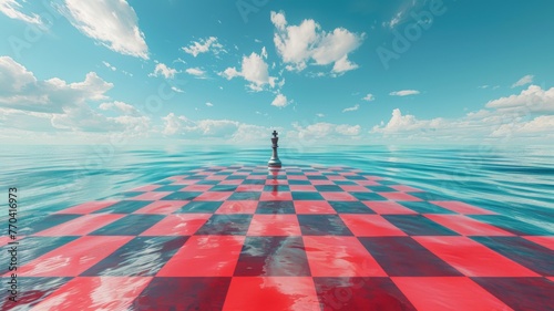 Chessboard floating on a red ocean with blue ocean horizon