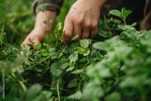 Hands gather fresh wild greens, embodying nature's bounty and sustainability.
