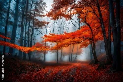 In a mystical October forest, vibrant orange and red leaves paint a mesmerizing scene as they gently fall amidst the blue fog.