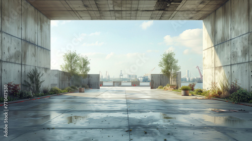 A large, empty, concrete building with a view of the city