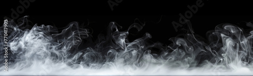 Panoramic view of the abstract fog. White cloudiness, mist or smog moves on black background. Beautiful swirling gray smoke. Mockup for your logo. Wide angle horizontal wallpaper or web banner. photo