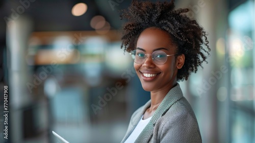Happy business woman holding a tablet while standing in an office, Generative AI