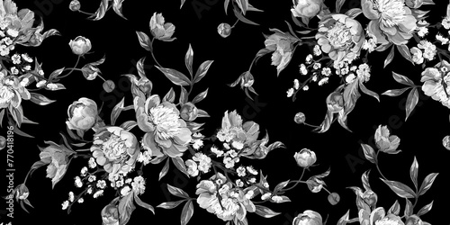 Seamless realistic pattern drawn with pink peonies in a classic oriental style