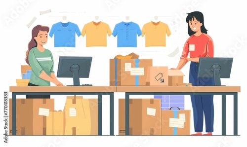 Cheerful clothing store owners preparing online orders for shipping, Generative AI