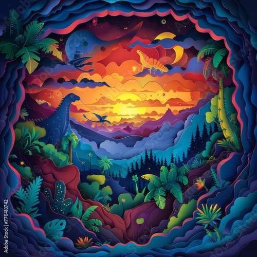 Mysterious cryptids in a mystical landscape, papercut style, vibrant colors
