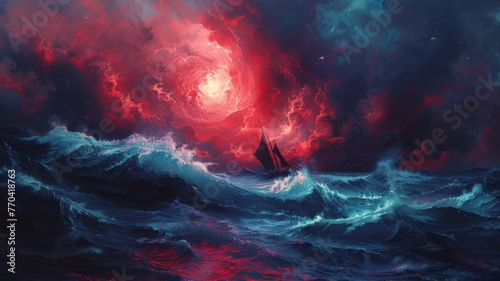 Navigating through a stormy red ocean to sunny blue ocean photo