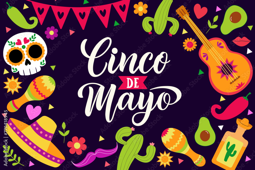 Cinco de Mayo - May 5, federal holiday in Mexico. Fiesta banner and poster design with guitar, sombrero, tequila, confetti. Lettering calligraphy inscription Cinco de Mayo. Vector illustration.