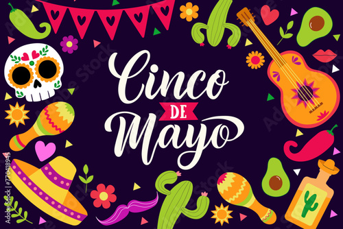Cinco de Mayo - May 5  federal holiday in Mexico. Fiesta banner and poster design with guitar  sombrero  tequila  confetti. Lettering calligraphy inscription Cinco de Mayo. Vector illustration.