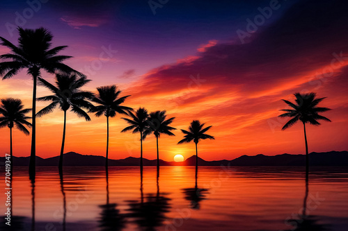 Tropical landscape - silhouette palm trees on sunset at orange sky background. Nature image backdrop  amazing wallpaper. Stylish image for design. Concept of summer vacation travel. Copy text space