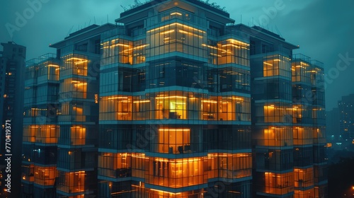 Night evening view in glass residential building with numerous flats with glass walls and illuminated windows time lapse. Generative AI.