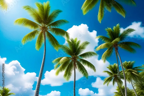Coconut palm trees on amazing blue sky with clouds. Background tropical landscape, fantastic wallpaper. Concept of summer vacation and business travel. Beauty in tropic climate. Copy text space
