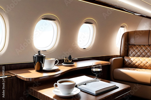 Comfort chic decor salon private jet with laptop, diary, coffee cup on table. Luxury business airplane vip interior, at highest. Quality service in aviation industry concept. Copy ad text space