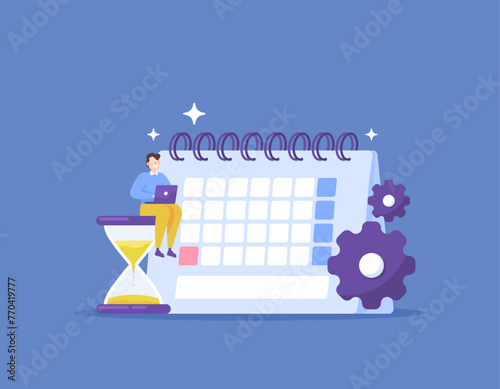 planning and scheduling. time management. control and use time as efficiently and effectively as possible. an employee who works sits on an hourglass and next to a calendar. illustration concept