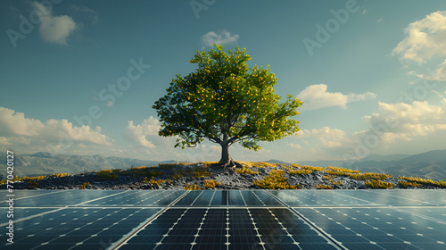 A young, vibrant tree sprouting from the center of a field of solar panels, symbolizing the growth of renewable energy and a sustainable future with, Generative Ai