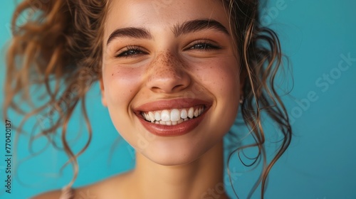 Beautiful smile of a young woman with clean teeth, taking care of teeth, Dental health care concept