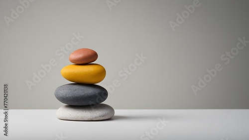 A balanced stack of zen stones in various colors  with space for text