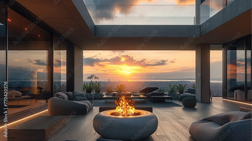 Fototapeta premium Interior modern design, balcony with a fire table, modern style, sunset. Generative AI.