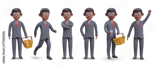 African man in office suit. Dark skinned businessman in different poses