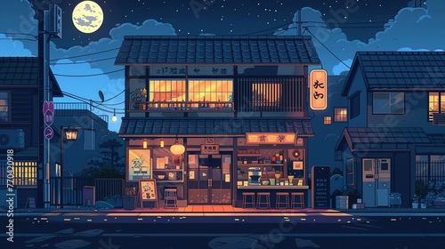 a beautiful japanese tokyo city ramen shop restaurant bar in the dark night evening. house at the street. anime cartoonish art style. cozy lofi asian architecture photo