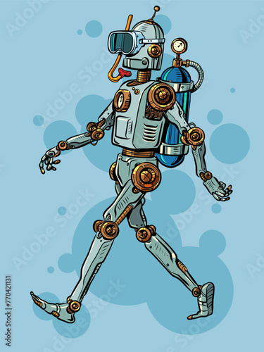Pop Art Retro Vintage robot comes with scuba gear. Vacation selection recommendation system. Mesanisms for studying the deep sea.