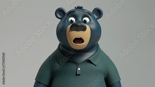 Animated style Rendered 3D dark blue bear, wearing a Dark green Polo T-Shirt, black eyes standing in a white studio. Looking to the camera, surprised look, mouth open   © chaynam
