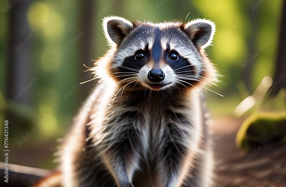 Happy raccoon against the background of the forest