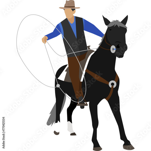 Man with lasso rope riding horse vector icon isolated on white