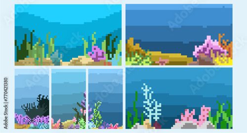 pixel art underwater world in sea vector cartoon landscape, Sea underwater background. Ocean bottom with seaweeds. Vector marine scene