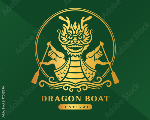 Dragon boat festival Gold front dragon boat and boater on water wave in circle line on green background vector design