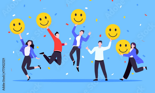 Employee satisfaction attitude survey feedback business concept flat style vector illustration. Business people with various feedback emoticons. Working happiness wellbeing and satisfaction feedback