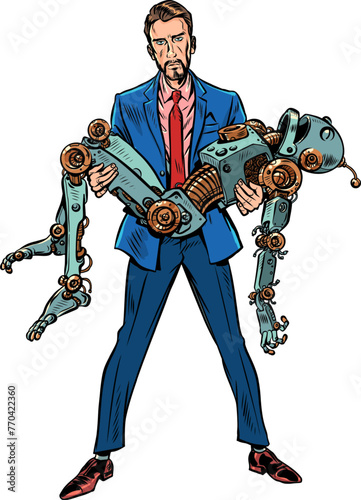 Pop Art Retro A man in a suit is carrying a vintage robot in his arms. Repair of damaged equipment. The death of artificial intelligence.