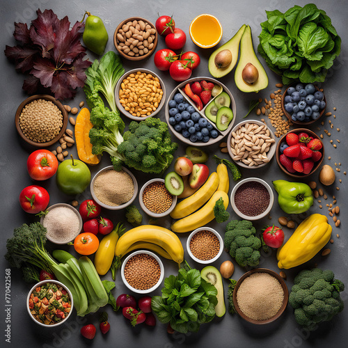 Wholesome Clean Eating: Nutrient-Packed Selection of Fruits, Vegetables, Seeds, and Superfoods on Concrete Background