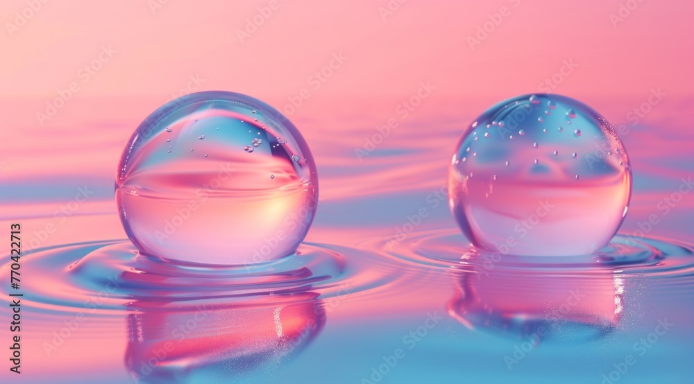 This image features two transparent spheres with swirling patterns, delicately placed on a reflective surface with a pink and blue gradient background This image features two transparent spheres with swirling patterns, delicately placed on a reflective surface with a pink and blue gradient background