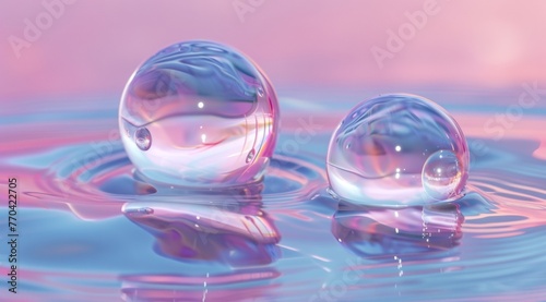 This image features two transparent spheres with swirling patterns, delicately placed on a reflective surface with a pink and blue gradient background