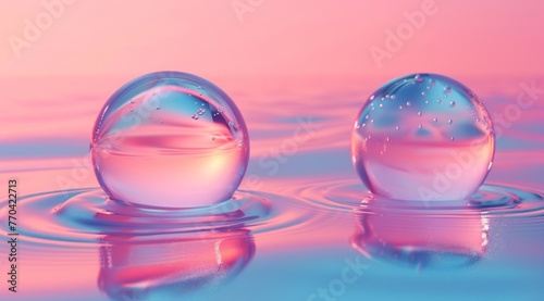 This image features two transparent spheres with swirling patterns, delicately placed on a reflective surface with a pink and blue gradient background
